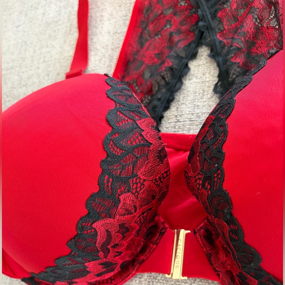 Cacique Boost Plunge Front Close Racerback Bra Red with Black Lace Accents 42DDD - Picture 3 of 10